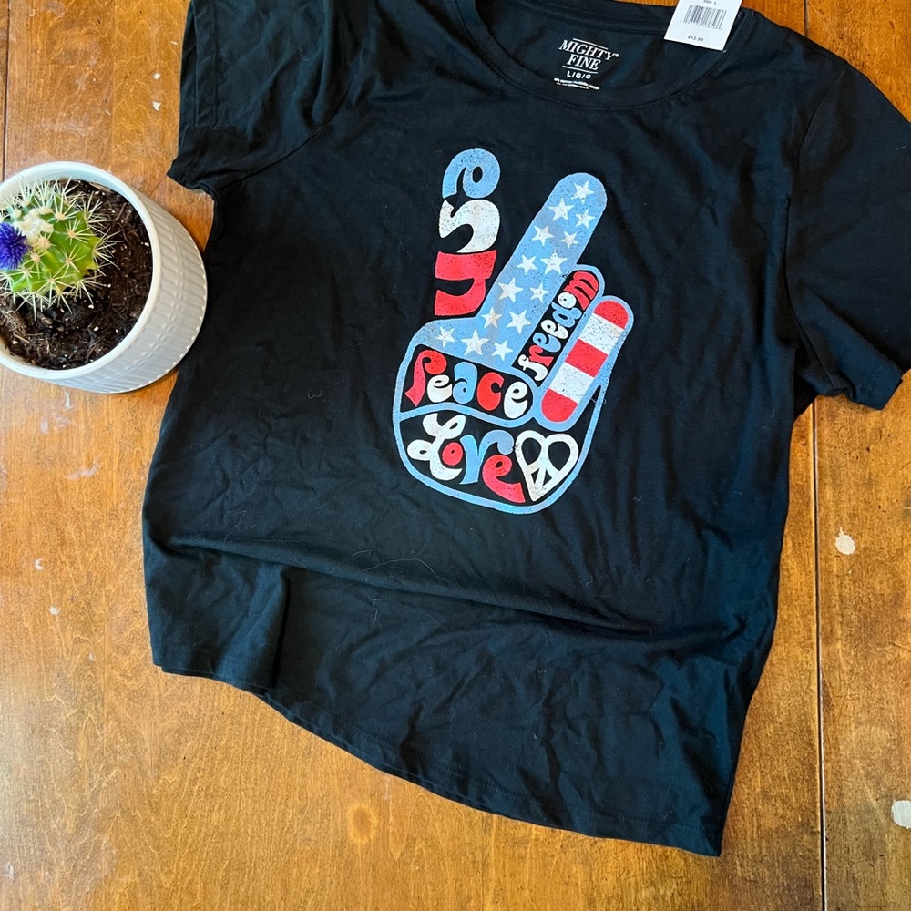 Mighty Fine Women’s Black Peace Love Graphic Tee for 4TH of July